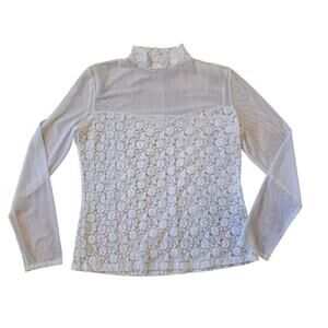 white lace and mesh mock neck long-sleeve top
